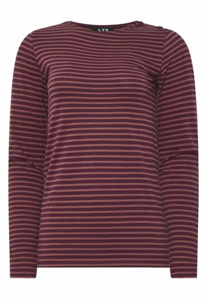 Mørkerød langærmet skjorte med skiftende lysebrune horisontale striber. Glat tekstur, rund halsudskæring og knapdetalje på skulderen.