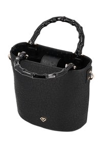 Borsa a mano in pelle nera con superficie texture, manico in stile bamboo e accessori in tonalità oro. Apertura superiore che rivela il compartimento interno.