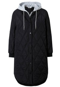 Cappotto lungo nero trapuntato con motivo a rombi, dotato di cappuccio grigio, zip, bottoni a pressione e polsini a coste.
