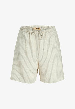 Ľanové šortky v svetlo béžovej farbe s vertikálnymi prúžkami. Majú elastický pás s šnúrkou a voľný strih.