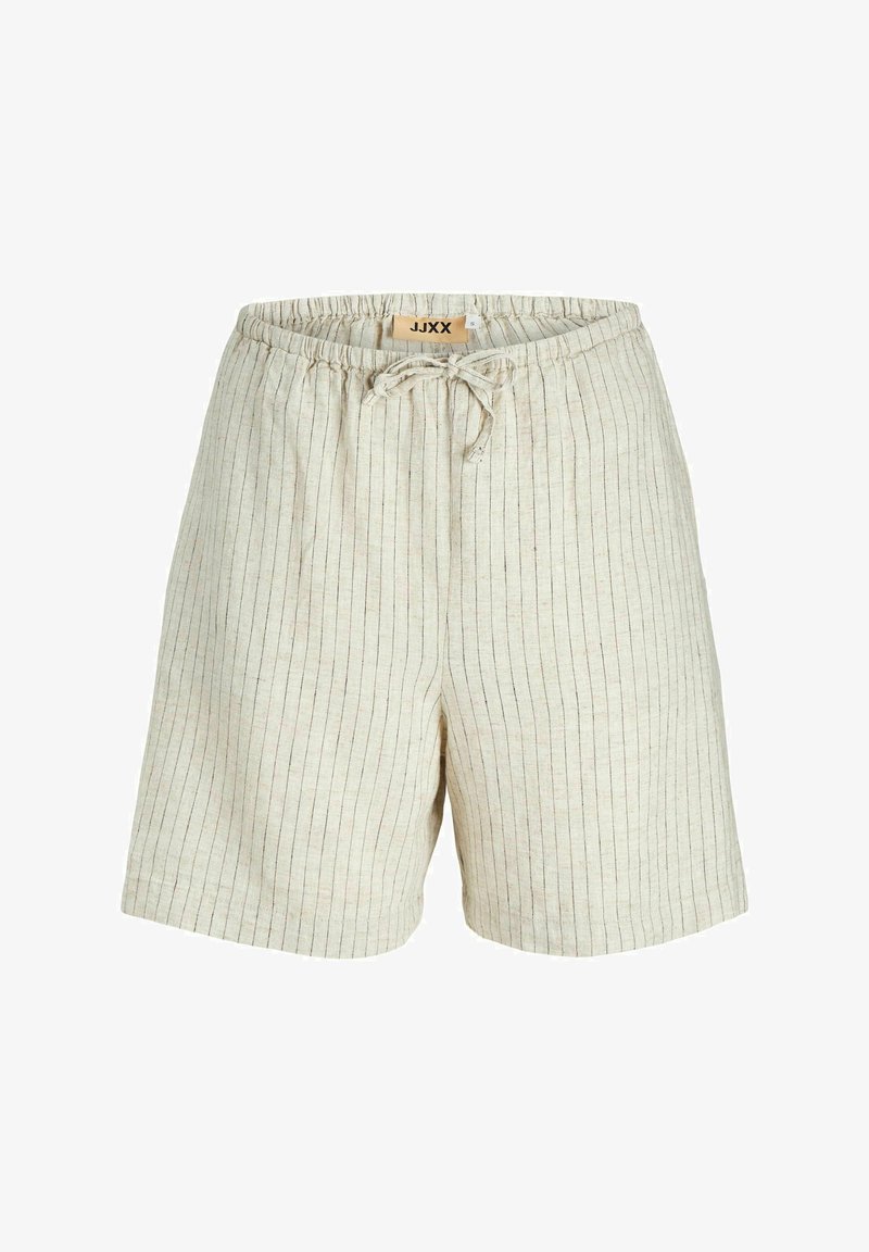 Shorts en lin beige clair avec des rayures verticales. Ils disposent d'une taille élastique avec cordon de serrage et d'une coupe décontractée.