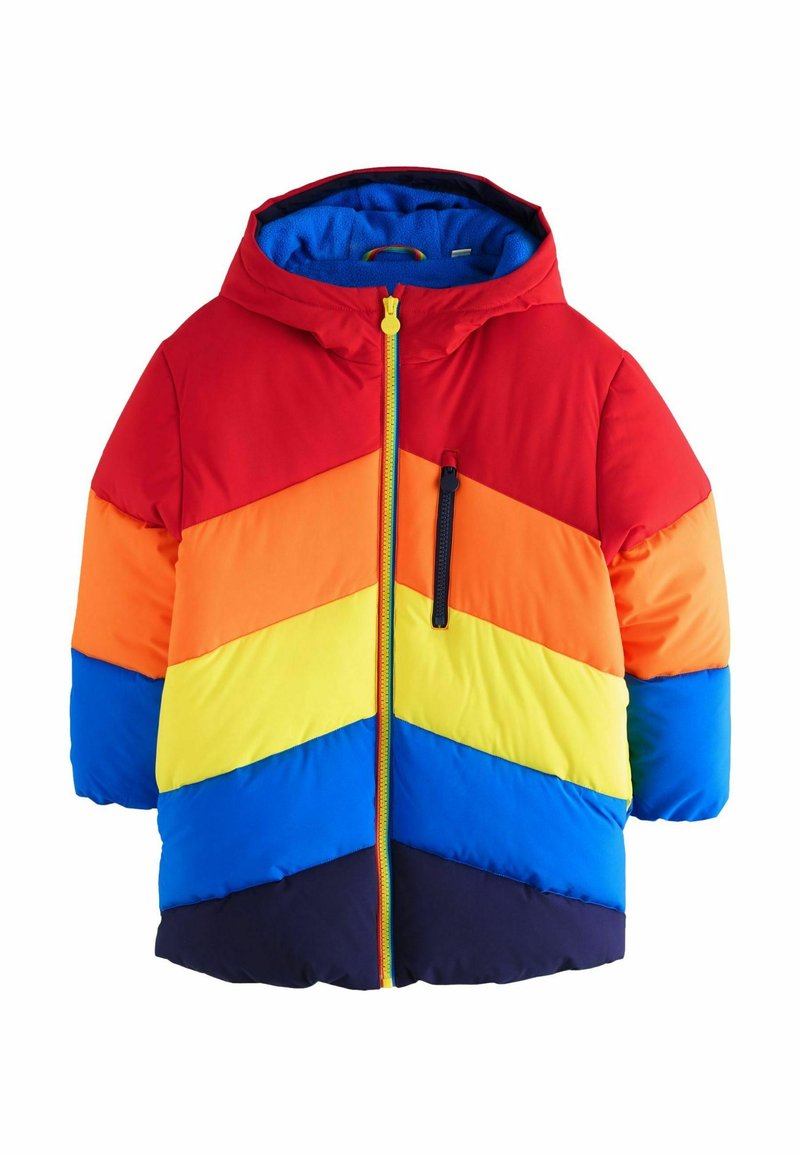 Giacca a puffo colorata con un motivo a zig zag in rosso, arancione, giallo, blu e blu navy. Presenta un cappuccio, una cerniera frontale e una tasca sul petto.