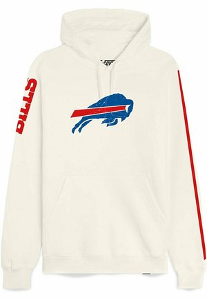 Cremefarbener Hoodie mit einem blauen Büffel-Graphic und einem roten Streifen, "BILLS"-Aufdruck in Rot auf dem linken Ärmel und einer vorderen Kängurutasche.