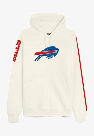 Cremefarbener Hoodie mit einem blauen Büffel-Graphic und einem roten Streifen, "BILLS"-Aufdruck in Rot auf dem linken Ärmel und einer vorderen Kängurutasche.