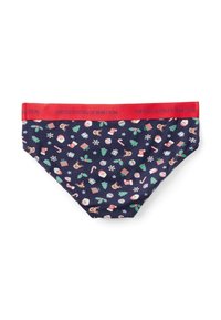 Slip blu navy con vita rossa con icone natalizie: Babbo Natale, regali, alberi di Natale, bastoncini di zucchero, fiocchi di neve, agrifoglio e uomini di pan di zenzero.