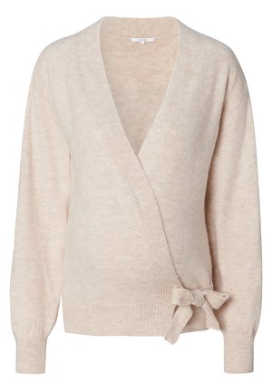 Beige wrap sweater made of soft knit material, featuring a deep V-neck, long sleeves, and a tied accent at the waist.