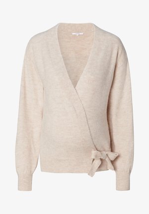 Pull enroulé beige en matière tricot douce, avec un décolleté en V profond, des manches longues et un accent noué à la taille.