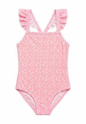Traje de baño rosa para niño pequeño con patrón floral blanco, tirantes con volantes y diseño en forma de V en la espalda.