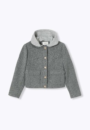 Veste en mélange de laine grise avec une capuche grise, dotée d'un boutonnage à l'avant, de deux poches avant et d'une finition texturée. Design casual et cropped.