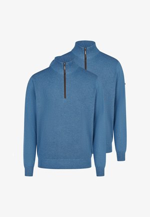 To blå teksturerede strikkede sweatere med kvart-lynlåse og ribstrikkede ærme- og bundkanter, vist mod en hvid baggrund.