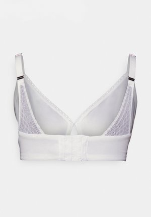 Soutien-gorge blanc avec bretelles réglables, panneaux latéraux en dentelle et fermeture au dos par agrafes, présenté de dos sur un fond uni.