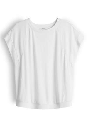 Wit T-shirt met korte mouwen en een ronde hals, met subtiele naaddetails en een relaxte pasvorm, afgebeeld tegen een witte achtergrond.