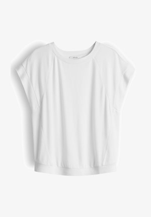 T-shirt blanc à manches courtes et col rond avec des détails subtils de coutures et une coupe décontractée, présenté sur un fond blanc.