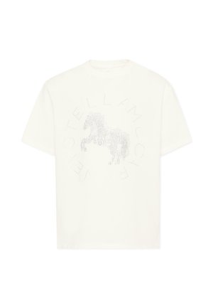 Maglietta bianca a maniche corte con motivo a punti di un cavallo riaring e il testo "STELLA MCCARTNEY" disposto in modo circolare sul davanti.