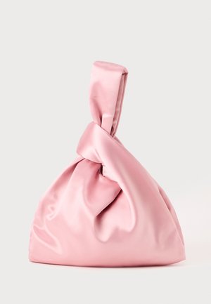 Pink satin bag with a knotted top, featuring a smooth texture and a soft, rounded shape. Designed for a secure, gathered appearance.