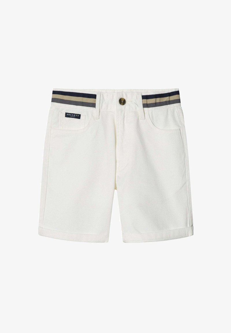 Witte katoenen shorts met knoopsluiting. Heeft een gestreepte tailleband in navy en beige en voorzakken.