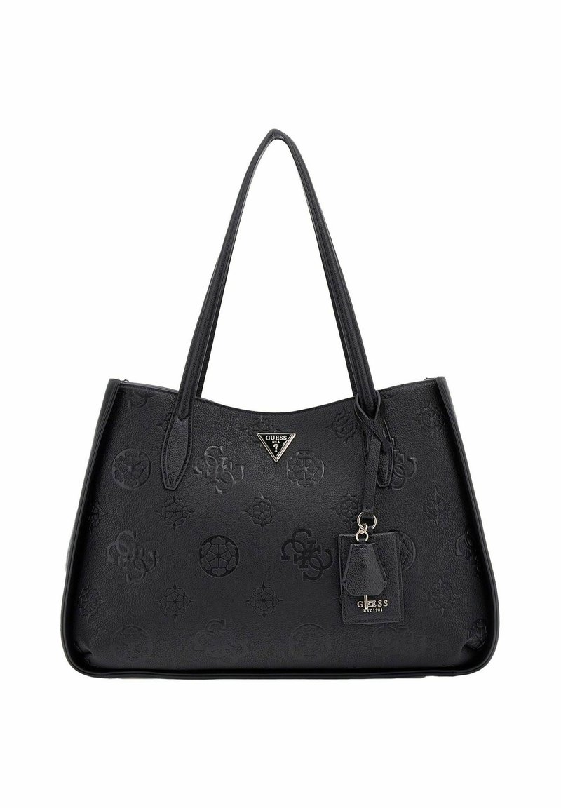 Borsa tote in pelle nera con motivo logo in rilievo, forma strutturata, doppi manici e un accento con portachiavi brandizzato.