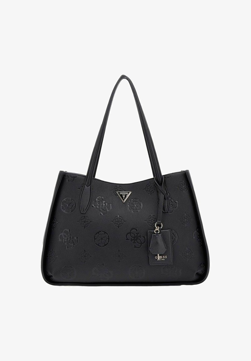 Borsa tote in pelle nera con motivo logo in rilievo, forma strutturata, doppi manici e un accento con portachiavi brandizzato.