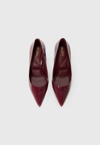 Une paire de chaussures habillées pour femmes, de couleur bordeaux, avec un bout pointu et des semelles rembourrées, signées ALDO, disposées côte à côte sur un fond blanc.