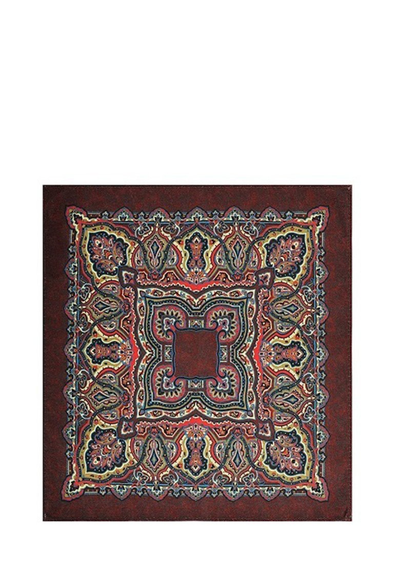 Czerwony dywan dekoracyjny z misternymi, wielokolorowymi wzorami ze spiralami i motywami kwiatowymi na ciemnym tle, w kształcie kwadratu i o miękkiej teksturze.