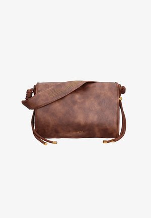 Brown leather crossbody bag with a smooth texture, featuring a twisted strap and gold-tone logo detail. Drawstring closures at both ends.