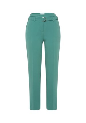 Turkoois getailleerde broek met hoge taille, riemlussen en bijpassende riem met een zilveren dubbele ringgesp.