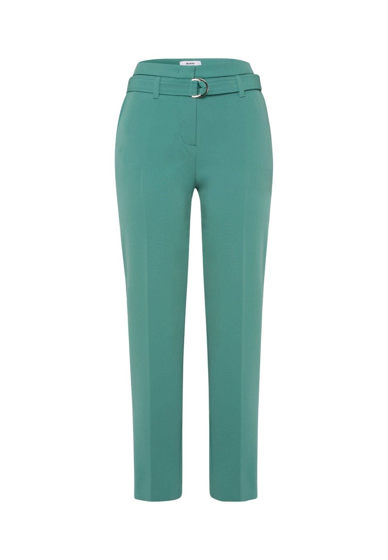 Pantalon taille haute couleur sarcelle à coupe fuselée avec passants de ceinture et ceinture assortie dotée d'une boucle double anneau argentée.