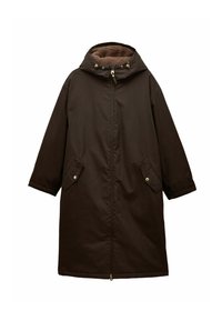 Tumši brūns garš parka mētelis ar priekšējo rāvējslēdzēju, sānu kabatām ar pogām un mīkstu iekšējo odere, kas redzama kapucē.