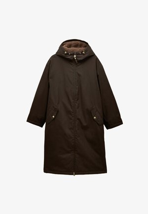 Dark brown long hooded parka coat with front zipper, side flap pockets with buttons, and a plush inner lining visible in the hood.