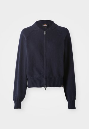 Navy blue zip-up sweater with a ribbed hem and cuffs. Features a round neck and raglan sleeves made from a soft knit material.