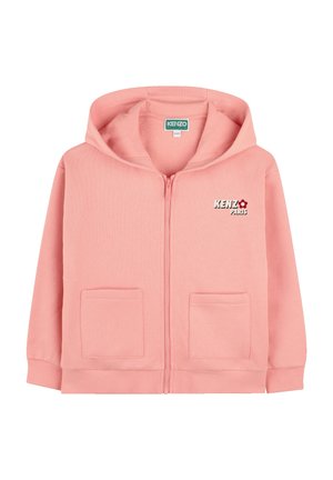 Pink zip-up hoodie made of soft fabric, featuring a front logo "KENZO Paris," two patch pockets, and a drawstring hood.