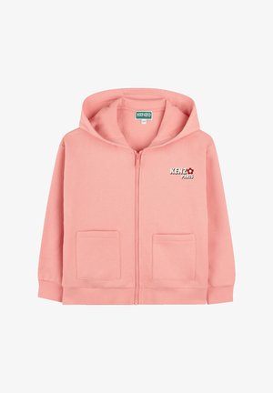 Haut en molleton rose, zippé à l'avant, avec un logo "KENZO Paris", deux poches plaquées et une capuche à cordon.