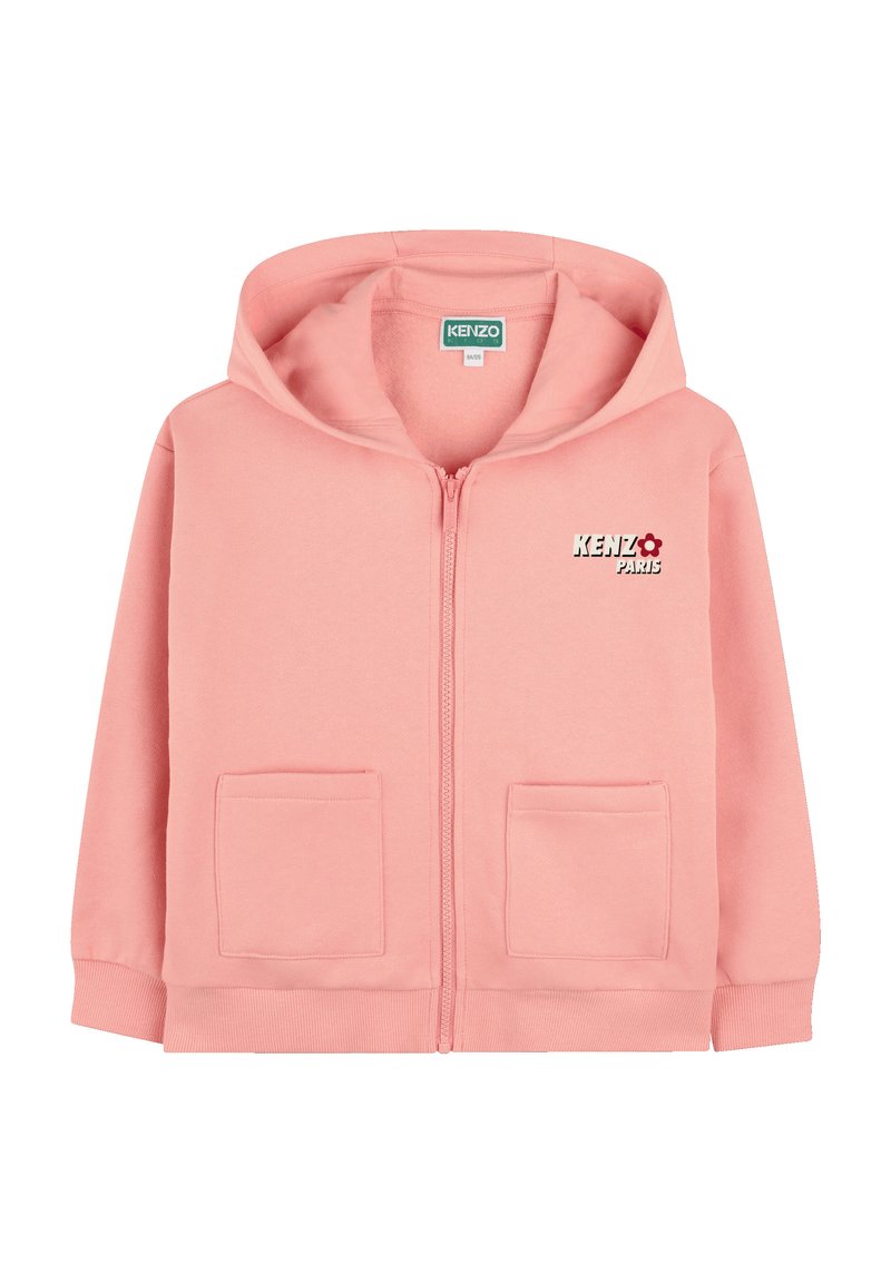 Haut en molleton rose, zippé à l'avant, avec un logo "KENZO Paris", deux poches plaquées et une capuche à cordon.