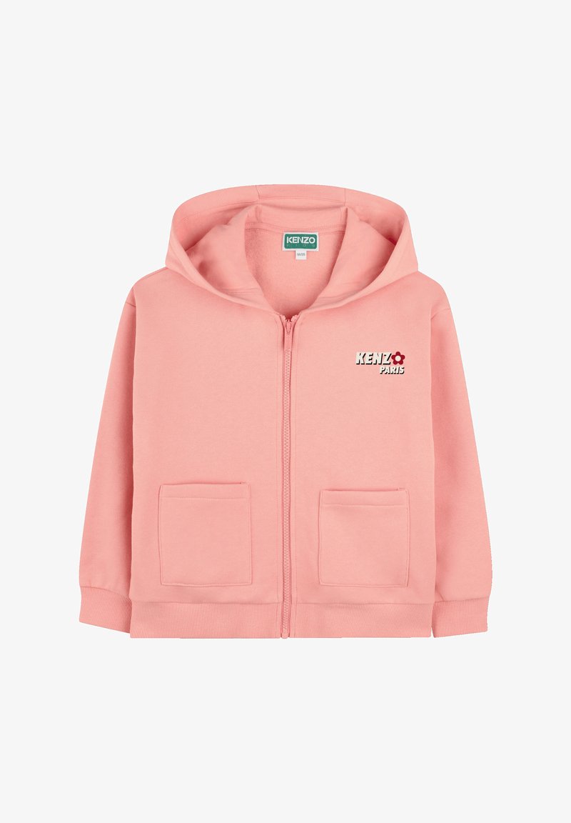 Haut en molleton rose, zippé à l'avant, avec un logo "KENZO Paris", deux poches plaquées et une capuche à cordon.