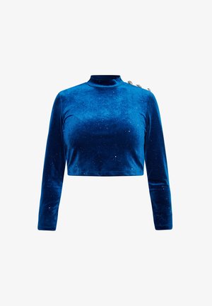 Mėlyna veliūrinė trumpa palaidinė su ilgomis rankovėmis, aukštu kaklu ir dekoratyviniais mygtukais ant vieno peties. Palaidinė turi švelnų tekstūrą ir subtilų blizgesį.