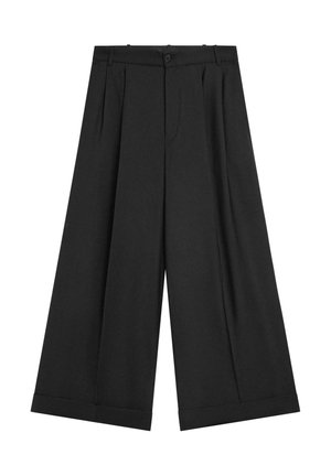 Schwarze, weit geschnittene Hose aus glattem Stoff, mit vorderen Falten und Knopfverschluss. Gerade Säume mit sauberem Abschluss.