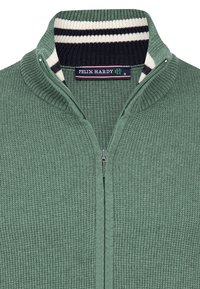 Suéter verde de punto con cremallera y cuello alto, con un acento de canalé a rayas en navy y blanco en el cuello. Etiqueta de la marca visible en el interior.