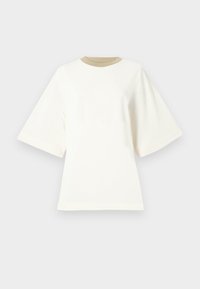 Overgrote witte katoenen t-shirt met een rond bruin gekleurd halsrand en korte mouwen, met een gladde, zachte textuur.