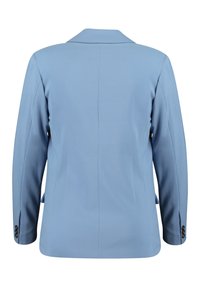 Blauwe blazer met een ingezette kraag, lange mouwen en manchetten met drie knopen. Glad materiaal met een gestructureerde pasvorm en naden aan de achterkant.