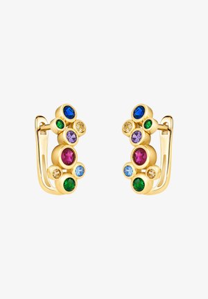 Guld hoopörhängen med olika runda, färgade ädelstenar: blå, grön, lila, rosa och gul, arrangerade i kluster.
