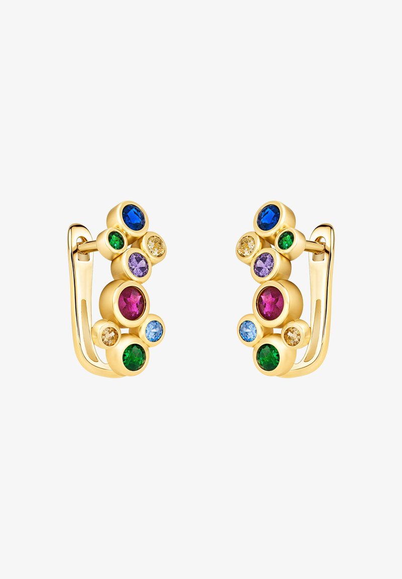 Guld hoop øreringe med forskellige runde, farvede ædelstene: blå, grøn, lilla, pink og gul, arrangeret i klynger.