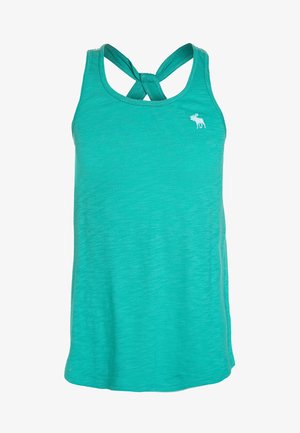 Turkis ærmeløs tanktop med krydsede stropper på ryggen og en lille hvid elg-logo på brystet.