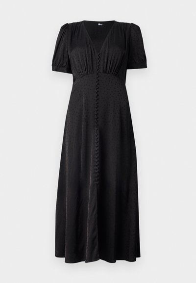 Svart midi-kjole med V-hals, korte puff-ermer, teksturert prikkete design og frontlukking med knapper. Jevnt materiale og tettsittende midje.