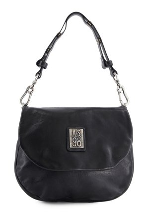 Black leather handbag with a rounded shape, silver hardware, and a front flap featuring an embossed logo label. Adjustable strap included.