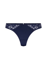 Marineblaue Tanga-Unterwäsche mit Spitzenverzierungen am Bund und einem glatten Vorderteil.