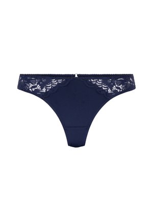 Marineblauwe stringonderbroek met kanten details op de tailleband en een gladde stoffen voorkant.