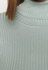 Pull à col roulé côtelé en vert pastel doux. Il présente un col haut et un tissu texturé, mettant en valeur des motifs à rayures verticales.
