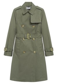 Trench-coat vert olive à double boutonnage avec taille et poignets ceinturés, large col, épaulières sur les épaules et poches avant.