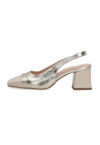 Metallic gold slingback shoe with a pointed toe, flat front, and a block heel. Smooth texture with contrasting matte toe cap.