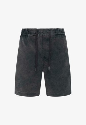 Donkergrijze shorts van textured stof, met een elastische tailleband en een trekkoord, evenals subtiele merkdetails.